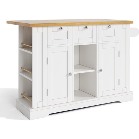 Îlot de cuisine mobile 132 cm avec plan de travail rabattable, tiroirs, étagères, prise intégrée et roulettes (1/5)