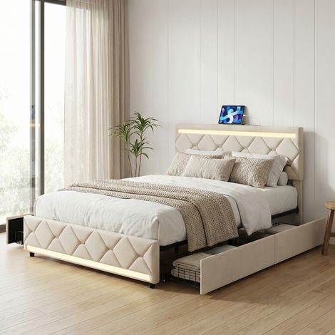 Lit avec 4 tiroirs 140x190, lit adulte, éclairage LED & Ports USB/Type-C, lit double capitonné, velours, design scandinave, Beige