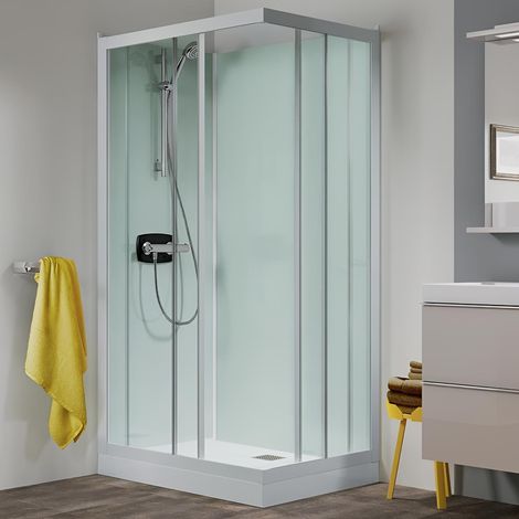 Cabine de douche d'angle KINEDO GLASS 120x80 hauteur du receveur de douche 9 cm 2 portes coulissantes mitigeur thermostatique fabriqué en France (1/3)