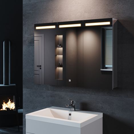 SONNI LED Spiegelschrank mit Beleuchtung 3 Lichtfarben Dimmbar, Badspiegel Touch Steckdose Edelstahl 90x65cm Kabelloses Scharnier Design, Dreitüriger Spiegelschrank (1/5)