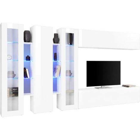 Parete Attrezzata Soggiorno 340 cm Vetrine Porta TV Bianco Lucido (1/5)