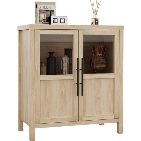 Buffet d'entrée Moderne 74cm, 2 Portes Vitrées, Style Ferme, Bois Naturel (1/5)