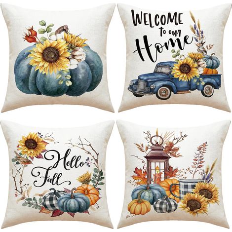 (citrouilles Et Voitures) Lot De 4 Taies D'oreiller Citrouille 45 X 45 Cm, Taies D'oreiller Thanksgiving, Taies D'oreiller Dcoratives D'automne, T (1/5)