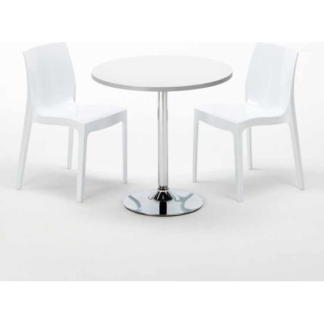 Mesa Redonda Blanca 70x70 cm con Base de Acero y 2 Sillas De Colores Ice Long Island - Blanco (1/5)