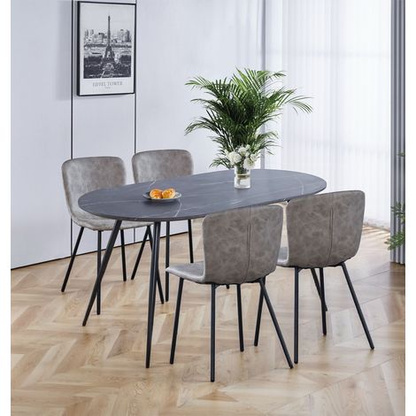 Hallowood Furniture Cullompton Large Dining Table and Chairs Set 4, Grey Marble Effect Oval Kitchen Table and Upholstered Taupe Faux Leather Chairs, Modern Dining Set for Home and Café (1/5)