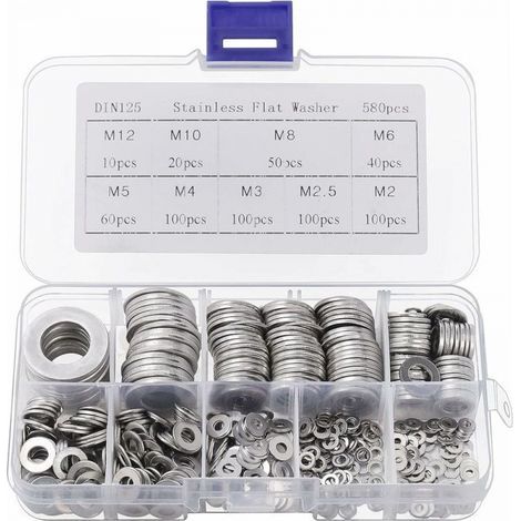 Rondelle in acciaio inox con scatola portaoggetti (confezione da 580) - Assortimento di 9 misure: M2, M2.5, M3, M4, M5, M6, M8, M10 e M12 - Confezione di rondelle metalliche - Per riparazioni, fabbric (1/5)