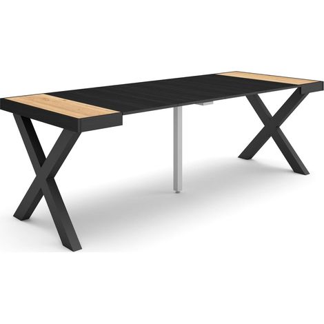Skraut Home - Table console extensible, Console meuble, 220, Pour 10 personnes, Pieds bois massif, Style moderne, ChĂŞne et noir (1/5)