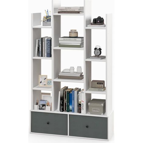 GOPLUS Bibliothèque avec 2 Tiroirs Amovibles et 12 étagères de Rangement, Dispositif Anti-Bascule, Design en Forme d'arbre, pour Salon, Chambre, étude, Bureau, Style Moderne, 81 x 24 x 132 CM, Blanc (1/5)