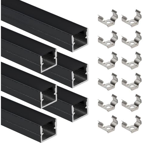 Profilé LED en aluminium - 6 × 1 m - En forme de U - 12 x 10 mm - Pour panneaux acoustiques - Avec clips de montage - Noir - Diffuseur - Étanche - Pour lumière néon homogène (noir, 6 × 1 m) (1/5)