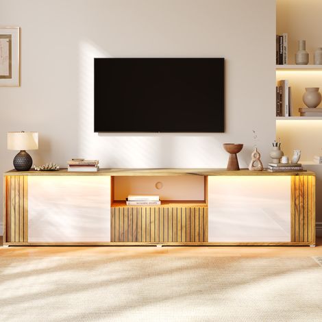 Mobile porta TV basso e moderno in legno naturale e bianco con 2 ante e 1 cassetto, illuminazione a LED, vano a giorno, 180x40x51 cm (1/5)
