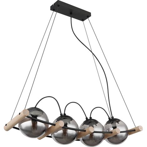 Pendellampe Hängeleuchte Hängelampe Esstischleuchte, 4 flammig Höhenverstellbar, Rauchglas Metall schwarz Holz braun, E27 Fassungen, LxBxH 75x22x120cm