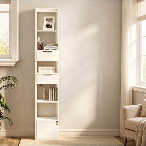 Libreria stretta bianca in legno con 6 ripiani, 2 cassetti e armadietto 33 x 24 x 181 cm (1/5)
