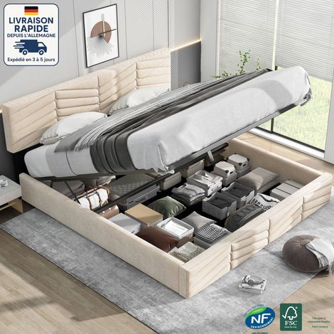Lit coffre, tête de lit réglable en hauteur, lit adulte, velours, sans matelas, lit double, beige, 160x200cm (1/5)
