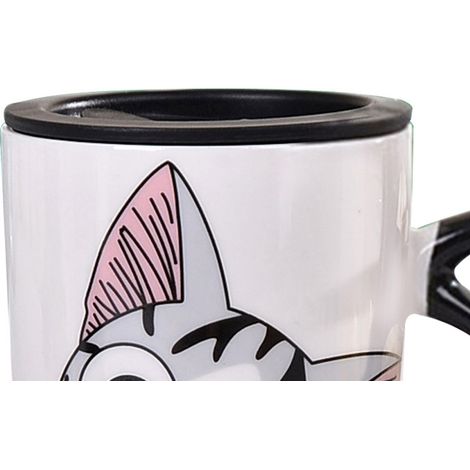 Niedlicher Keramikbecher (600 ml) mit Katzenmotiv für Kaffee und Tee. Neuer Keramikbecher mit Deckel für Büro und Zuhause. (1/5)