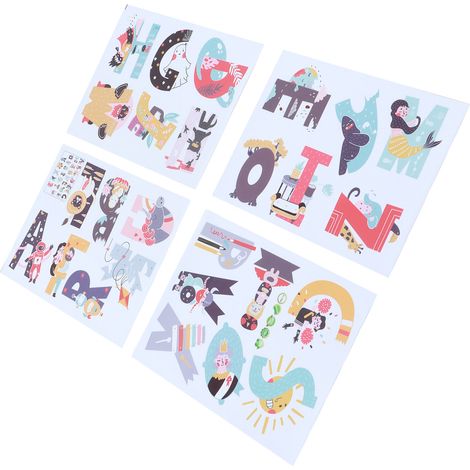 Lot de 4 affiches alphabet murales créatives, stickers lettres A-Z pour chambre enfant ou bureau, décoration éducative autocollante (1/5)