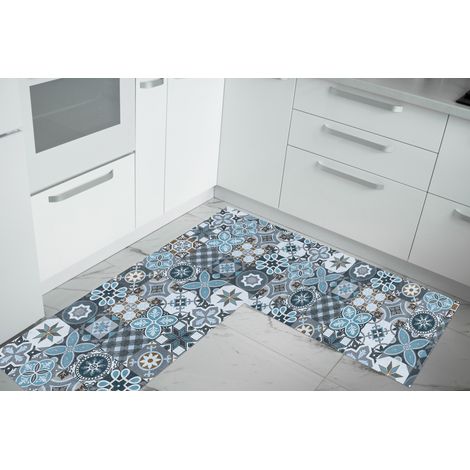 Set di 2 tappeti da cucina antiscivolo e lavabili in lavatrice passatoia multiuso Mattonella Acqua - 50x60+50x120