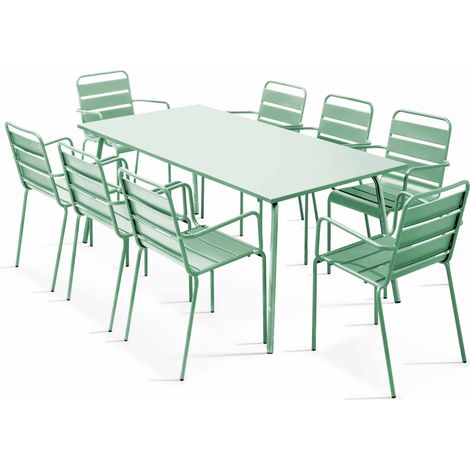 Ensemble table de jardin et 8 fauteuils en métal vert sauge - Palavas