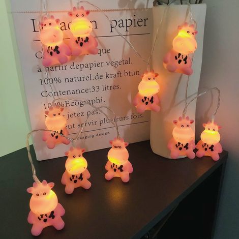 Guirlande lumineuse de vache rose,Lanternes de vache à piles,Veilleuse décorative pour jardin, terrasse, Noël, vacances, mariage, chambre d'enfant, décoration (1.65 m, 10 LED, vache rose) (1/5)