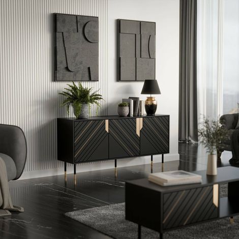 Aparador Cossogno, aparador de salón con tres puertas batientes y compartimentos interiores, elevado del suelo, 154x40 h72 cm, negro y dorado (1/5)