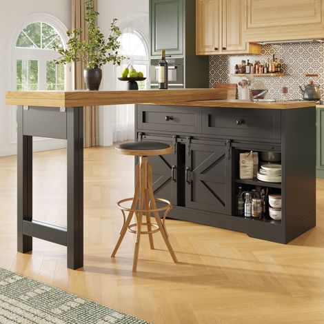 Îlot de cuisine multifonctionnel avec table à manger, meuble latéral à tiroirs cachés, panneaux pivotants à 360°, porte de placard style grange, table îlot 2-en-1 (1/5)