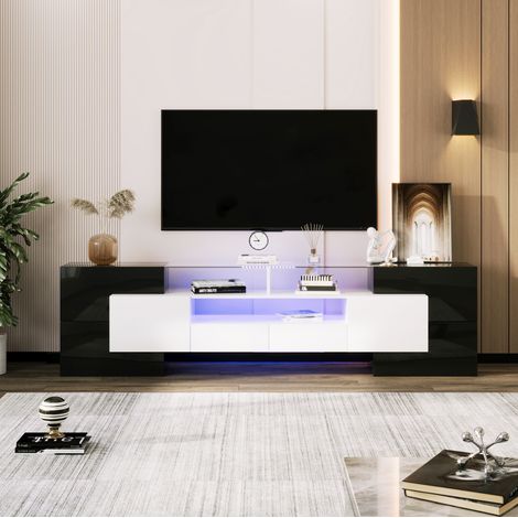 TV-Schrank 200x35x60 cm Schwarz-Weiß aus Spanplatte und MDF mit LED-Beleuchtung und Hochglanzfront (1/5)