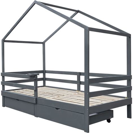 HOME DELUXE - Kinderbett Wolkenland mit Schubladen - 90 x 200 cm, Farbe: Grau, Kiefernholz, inkl. Rausfallschutz und Tonieboxhalterung I Kinderbettchen Jugendbett Babybett  Kinderbett Bett Rausfallsch