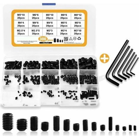 M2.5 M3 M4 M5 M6 M8 Vis Sans Tête Hexagonale,Set assortiment Kit de Acier au carbone Douille Hexagonale Vis-pointeau vis avec entraînement hexagonal interne,(300Pcs,le noir) (1/5)