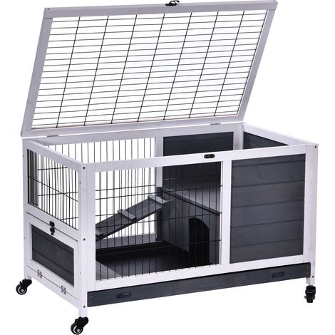 PawHut Wood Indoor Rabbit Hutch Elevated 2-Floor Guineas Pigs Cage w/ Wheels White (1/5)