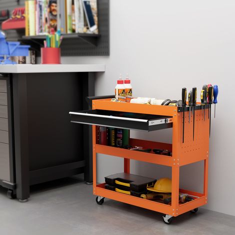 Chariot d'atelier servante atelier à 3 niveaux avec tiroir, porte-outils latéral et poignée, 82x35x76 cm, orange (1/5)