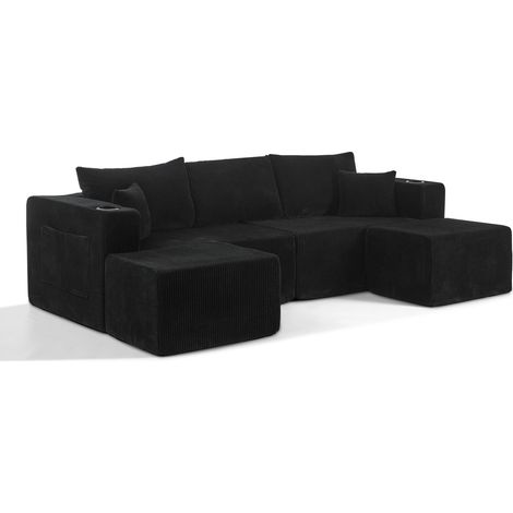 Divano angolare modulare 3 posti nero in tessuto a coste con pouf mobili e portabicchieri (1/5)