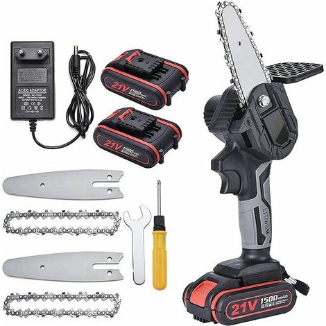 Mini tronçonneuse électrique avec batterie 1500 mAh rechargeable sans fil avec chargeur. Mini tronçonneuse sans fil 4 pouces 21 V puissante 6 m/s. 2 batteries, 2 chaînes, 2 guides. (1/5)