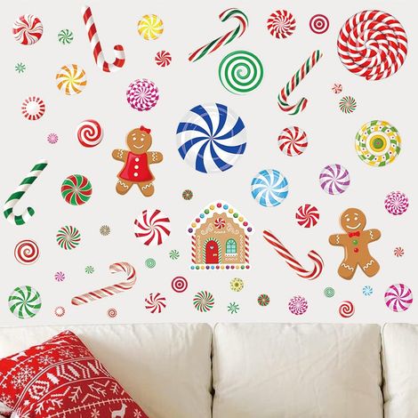 Autocollants Muraux Bonhomme en Pain d'épice Noël Rouge et vert Bonbons Biscuits Stickers Muraux PVC Décorations à Décoller et Coller pour la Maison (1/5)
