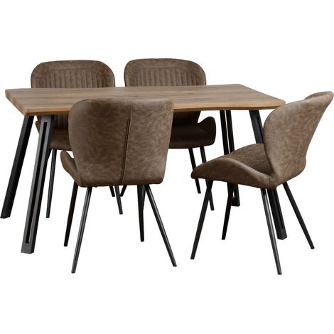 Quebec Wave Edge Dining Set Oak Effect and Brown PU Leather (1/4)