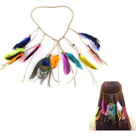 Coiffure Plume Boho Bandeau, Bandeau à Plumes Bohème, Accessoires de Costume Cosplay, Taille Unique, Multicolore, Festival (1/5)