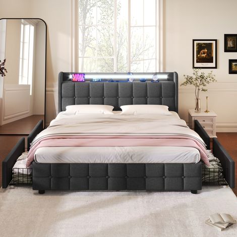 Polsterbett mit aufladen USB Ladefunktion Kopfteil und LED-Beleuchtung und 4 Schubladen,Doppelbett 140x200cm Stauraumbetten Bettgestell, Lattenrost aus Holz, Grau (Ohne Matratze) OKWISH