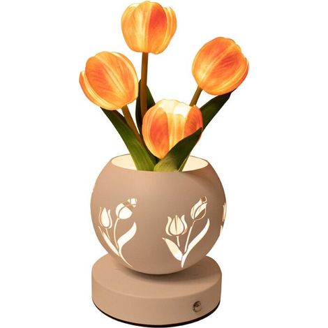 Veilleuse Tulipe Artificielle avec Vase Découpé, Chargement USB, 3 Couleurs, Intensité Variable, Jolie Lampe de Table (1/4)