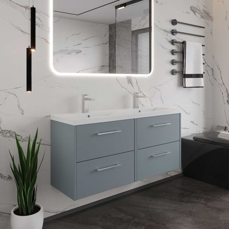 Hudson Reed Juno Matt Coastal Grey 1200mm Wall Hung 4 Drawer Vanity Unit and Twin Polymarble Basins - JNU2324C (1/5)