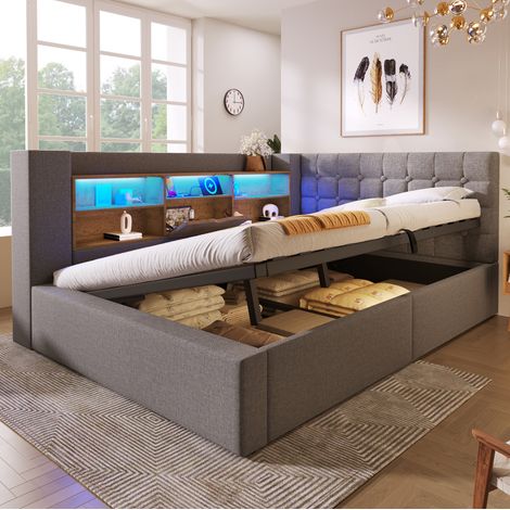 lit adulte rangement LED tete L 140x190 lin gris mobile HAVRYA (1/5)