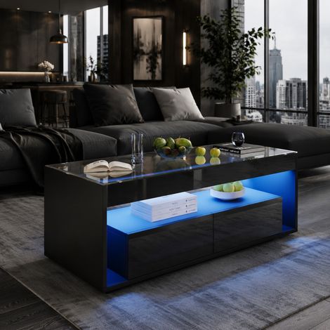 Tavolino da caffè LED rettangolare 100 x 50 x 40 cm con 2 cassetti, vetro temperato nero HAVRYA (1/5)