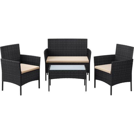 Songmics – Salon de jardin 4 places – Ensemble en métal et PE tressé – Table avec verre trempé – Coussins amovibles et faciles à nettoyer – Noir et taupe (1/5)