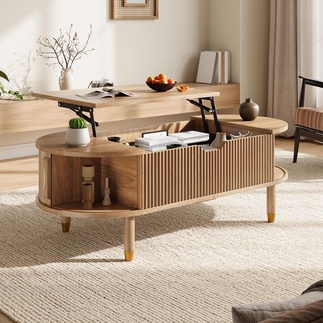 Mesa de centro elevable ovalada 110x48x57cm con almacenamiento para salón - mesa de café vintage con puertas correderas acanaladas de mdf y patas de madera de caucho - natural (1/5)
