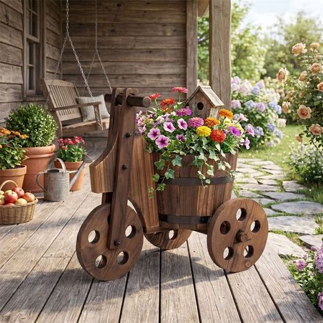 Pot de fleurs - CIPACHO - Jardinière tricycle rustique - Bois - Roues - Boîte de rangement (1/5)