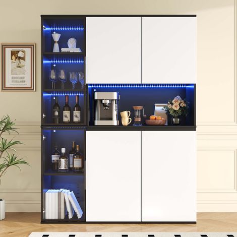 Vitrine de rangement 120 x 40 x 160 cm - MDF noir et blanc - LED réglable, portes vitrées, grand rangement (1/5)