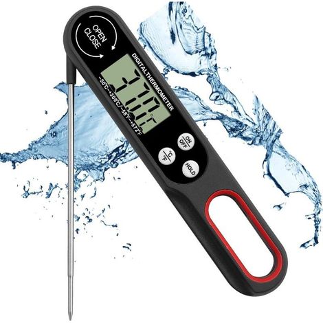 Thermomètre Viande Pliable Thermomètre Cuisine Numérique Thermomètre à viande avec Grande écran LCD et Sonde Pliable pour BBQ Cuisson Buf Viande Steak Lait Vin-Noir,15cm (1/5)