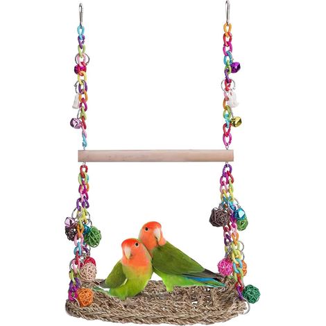 Jouet Pour Oiseau - Hamac En Coton Avec Cloche Et Perchoir En Bois - Accessoire De Cage Pour Perruches Et Petits Cacatoès - 1 Pièce (1/5)