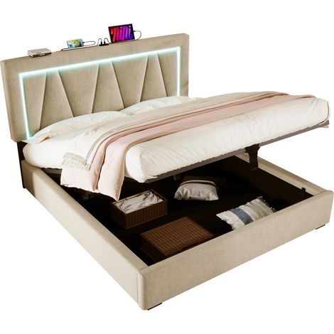 Lit Coffre Double avec USB, Type-C et LED Réglable 140 x 200 cm, Tête de Lit Réglable, sans Matelas, Beige (1/5)