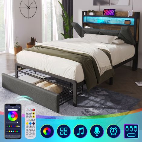 Lit Simple Rembourré 90x200 cm Tiroir, Tête de Lit Rangement, Ports USB Type-C, LED Réglable - Cadre Métal - Gris (Sans Matelas) (1/5)