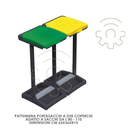 Poubelle à sacs 80-110L avec 2 compartiments – Structure polypropylène – Dimensions 63 x 36 x h 81 cm – Couvercles verts et jaunes