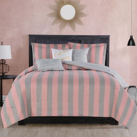 Parure de lit 5 pièces réversible à Rayures avec imprimé à Rayures Roses et Grises Comprenant 1 Couette de 167,6 x 229,6 cm, 3 oreillers décoratifs et 1 taie d'oreiller pour lit (1/5)
