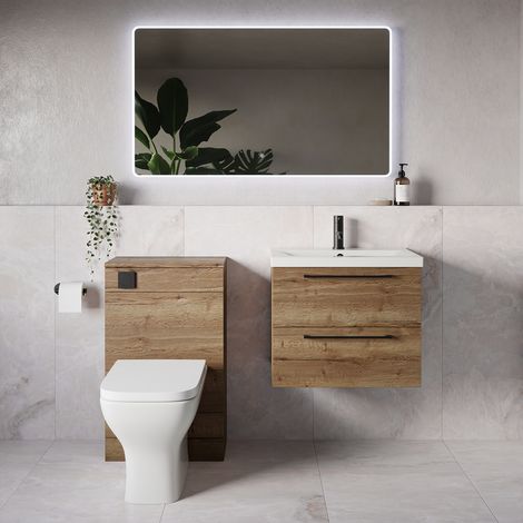 Napoli 390 Tobacco Oak 1100mm Wall Mounted 2 Drawer Vanity Unit and Toilet Suite with Glide Basin - 1100mm - Matt Black 320mm HandleWith Kingston Toilet Pan and Seat